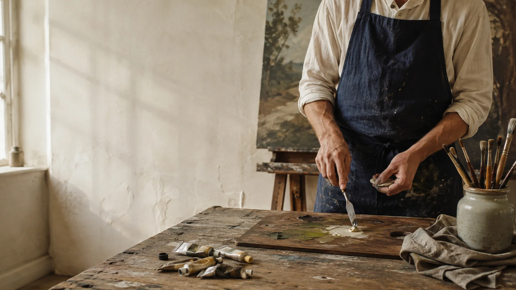 An artist mixing oil paint by hand in a sunlit working studio